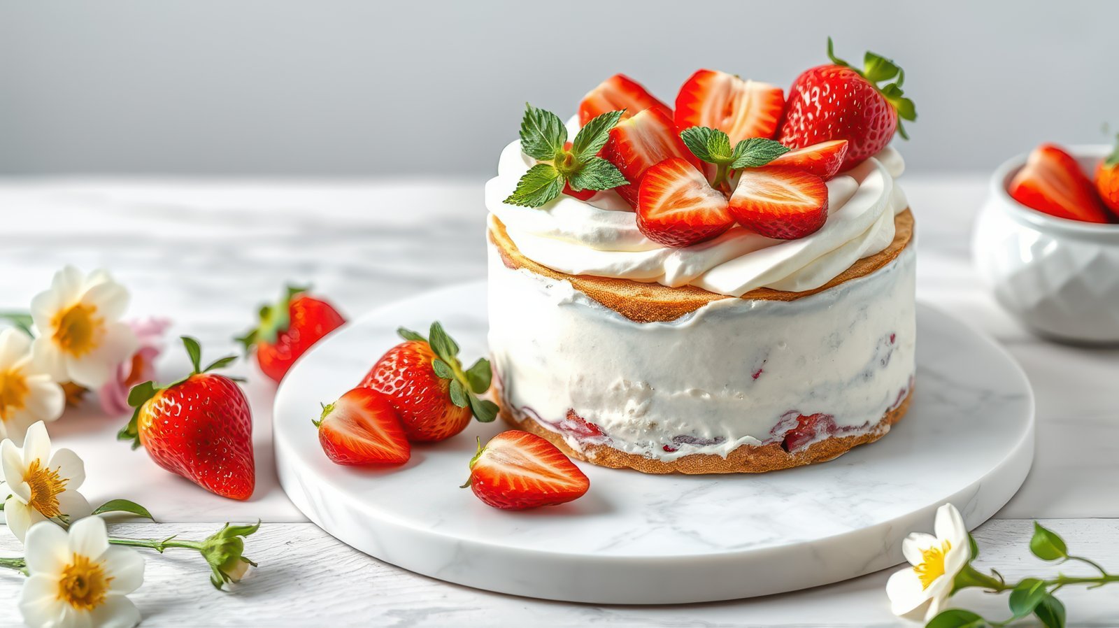 Strawberry cake with fresh cream and mint leaves on a marble platter with flowers